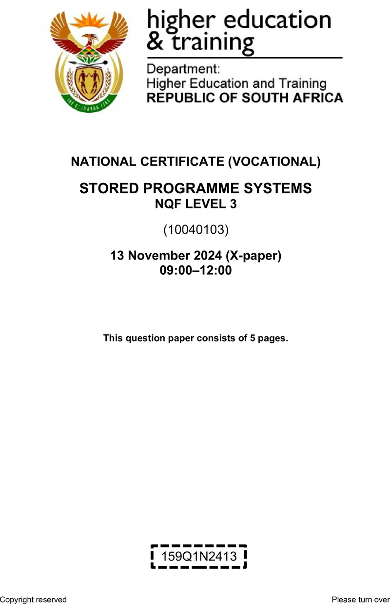 Stored Programme Systems Level 3 DHET NCV November 2024 Paper X - Question Paper