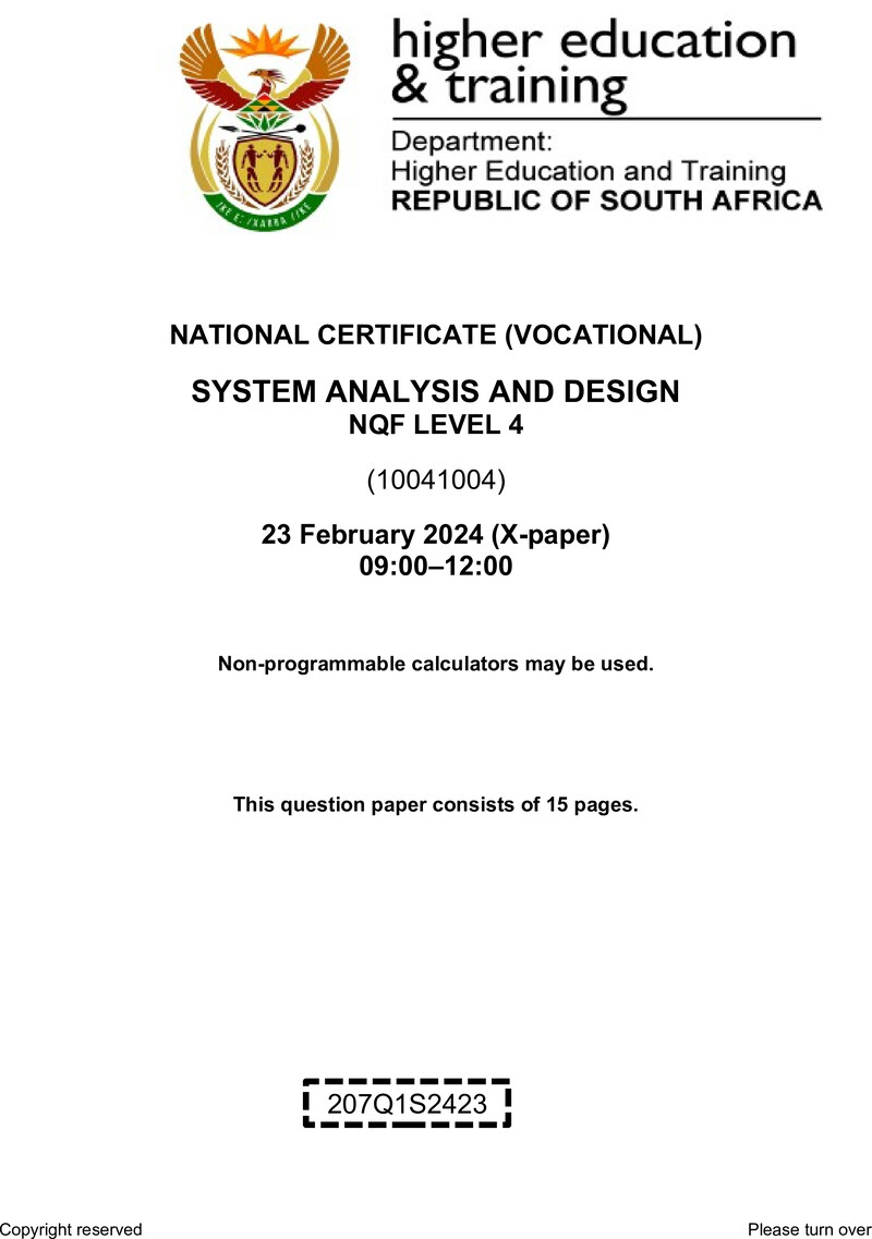 Systems Analysis and Design Level 4 DHET NCV February 2024 Paper X - Question Paper