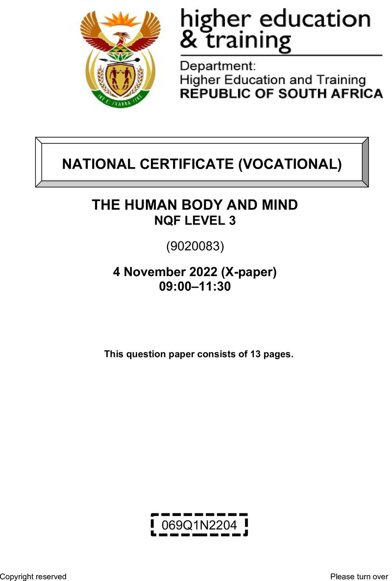 Human Body and Mind Level 3 DHET NCV November 2022 Paper X - Question Paper
