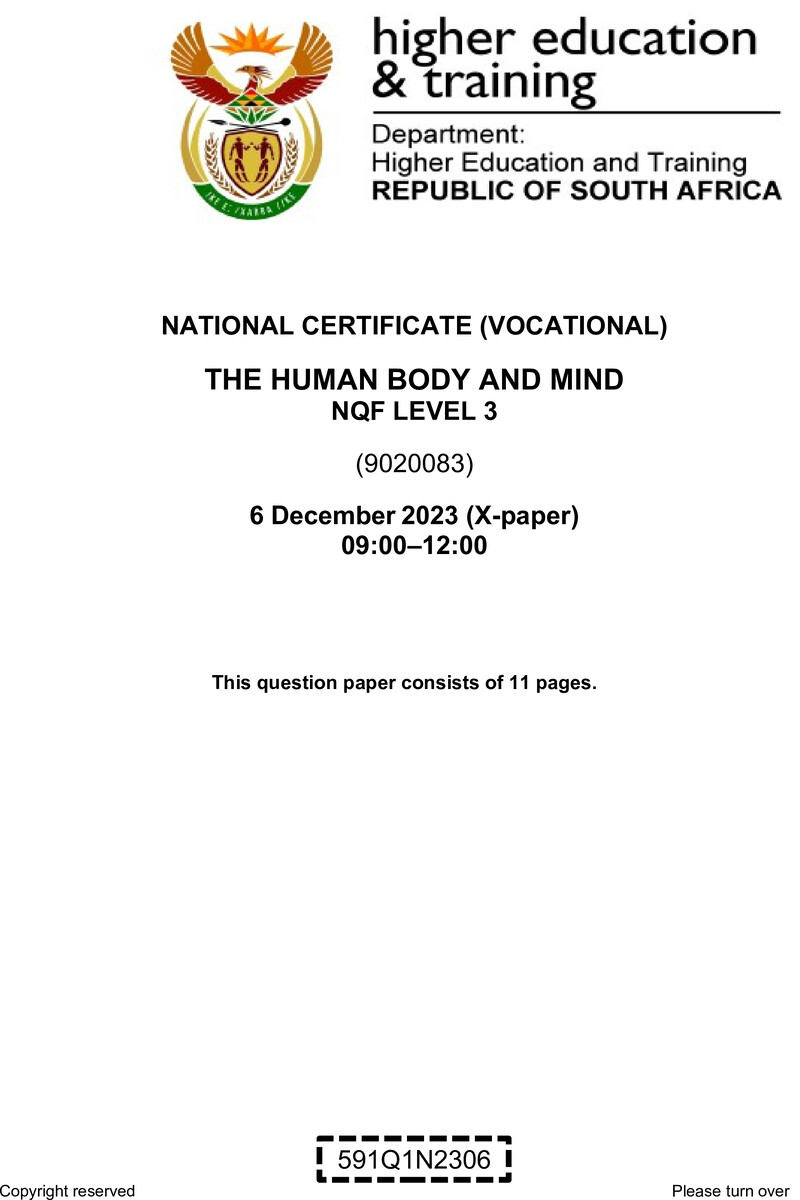 The Human Body and Mind Level 3 DHET NCV December 2023 Paper X - Question Paper