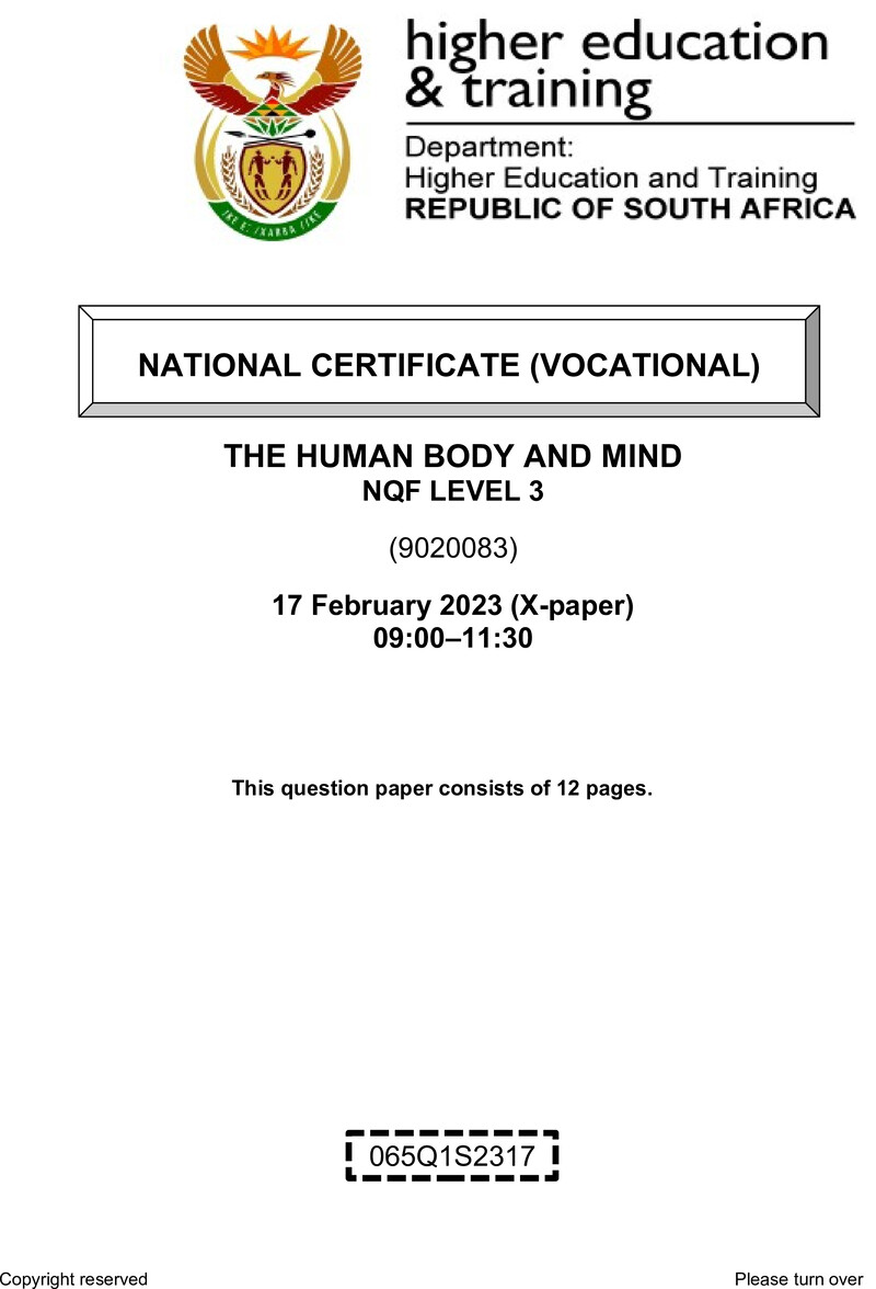 Human Body and Mind Level 3 DHET NCV February 2023 Paper X - Question Paper
