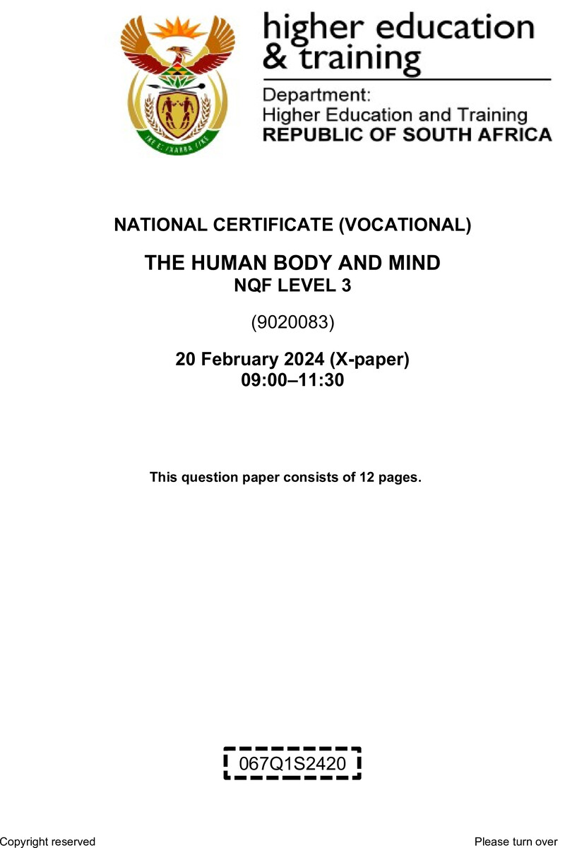 The Human Body and Mind Level 3 DHET NCV February 2024 Paper X - Question Paper