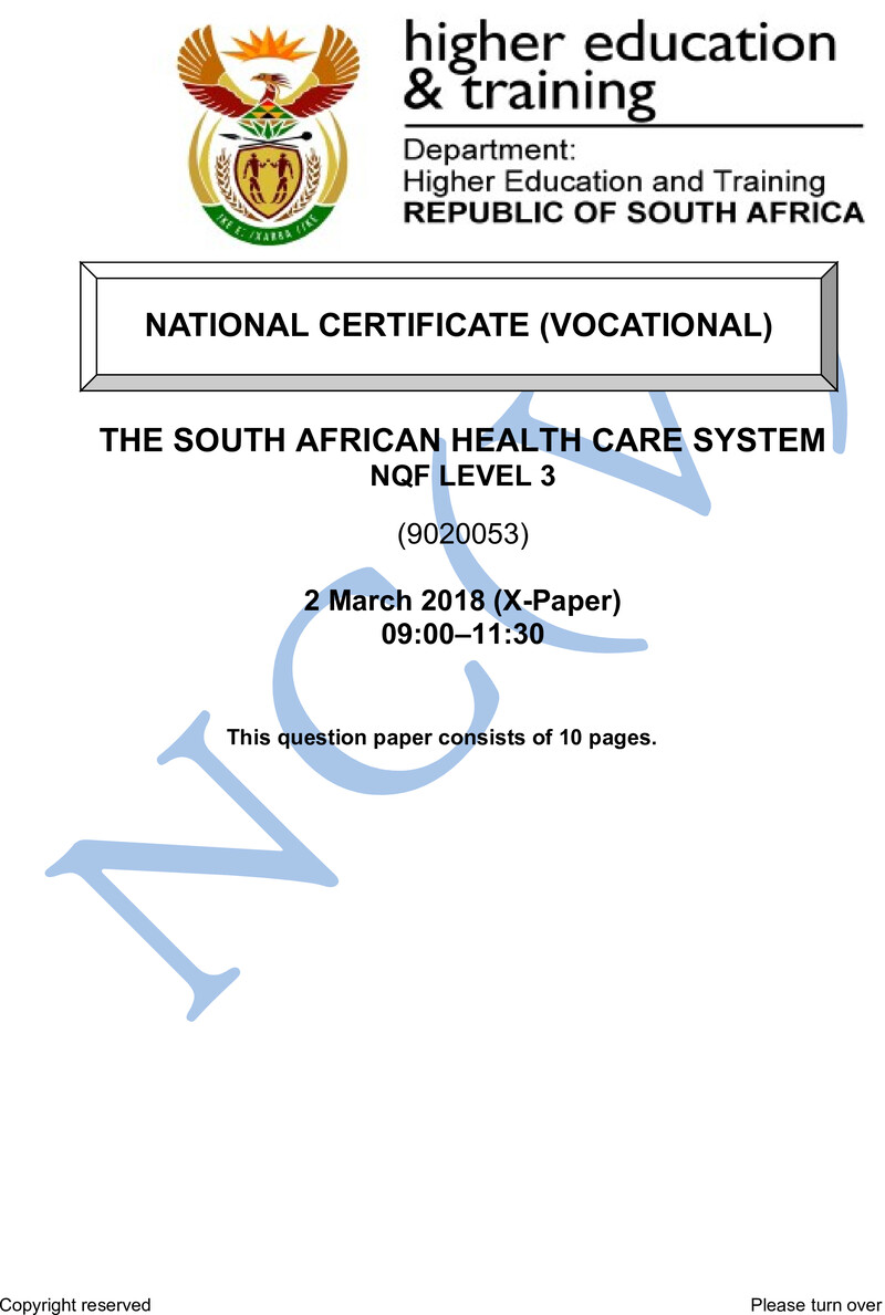 Health Care System Level 3 DHET NCV March 2018 Paper X - Question Paper
