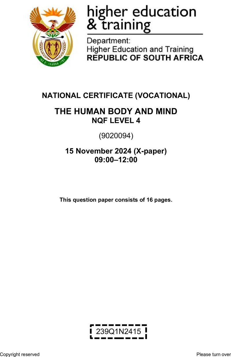 The Human Body and Mind Level 4 DHET NCV November 2024 Paper X - Question Paper