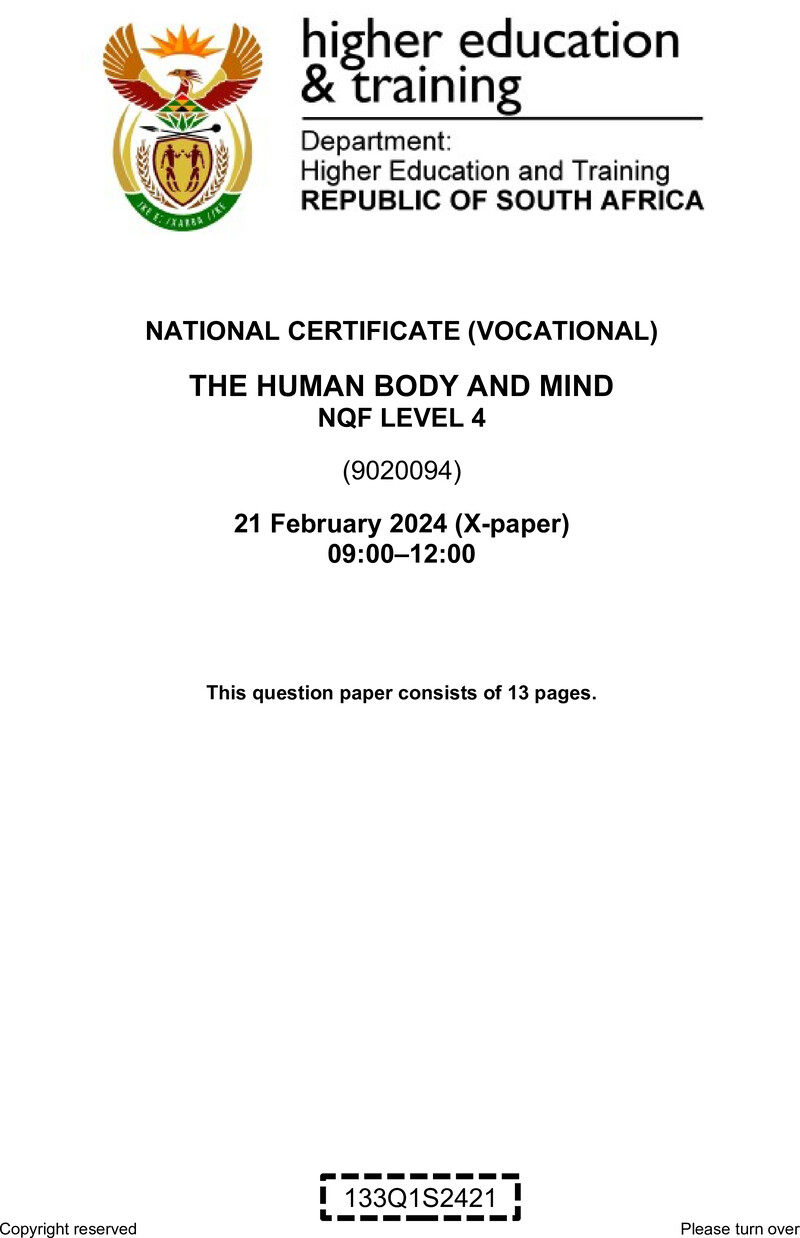 The Human Body and Mind Level 4 DHET NCV February 2024 Paper X - Question Paper