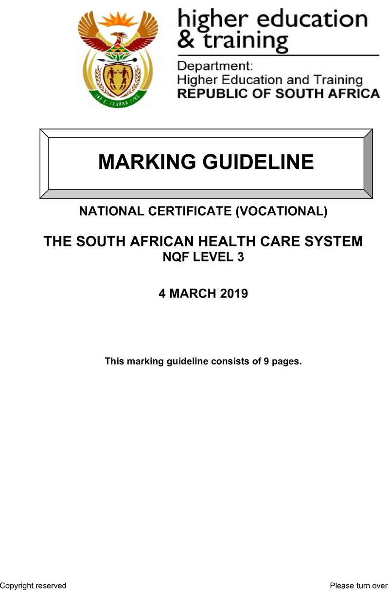 The South African Health Care System Level 3 DHET NCV March 2019 - Memo