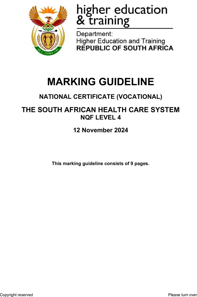 The South African Health Care System Level 4 DHET NCV 2024 - Memo