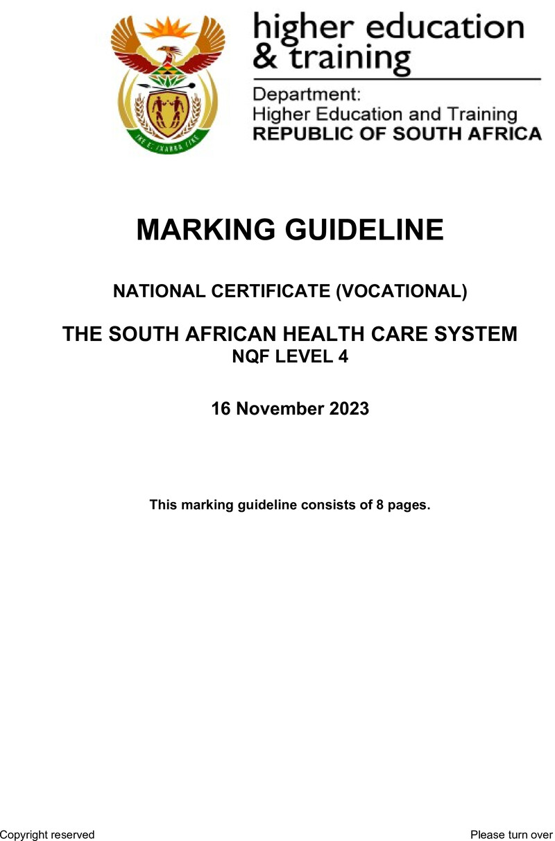 The South African Health Care System Level 4 DHET NCV 2023 - Memo