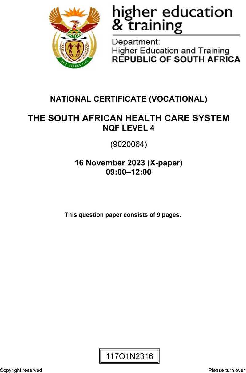 The South African Health Care System Level 4 DHET NCV November 2023 Paper X - Question Paper