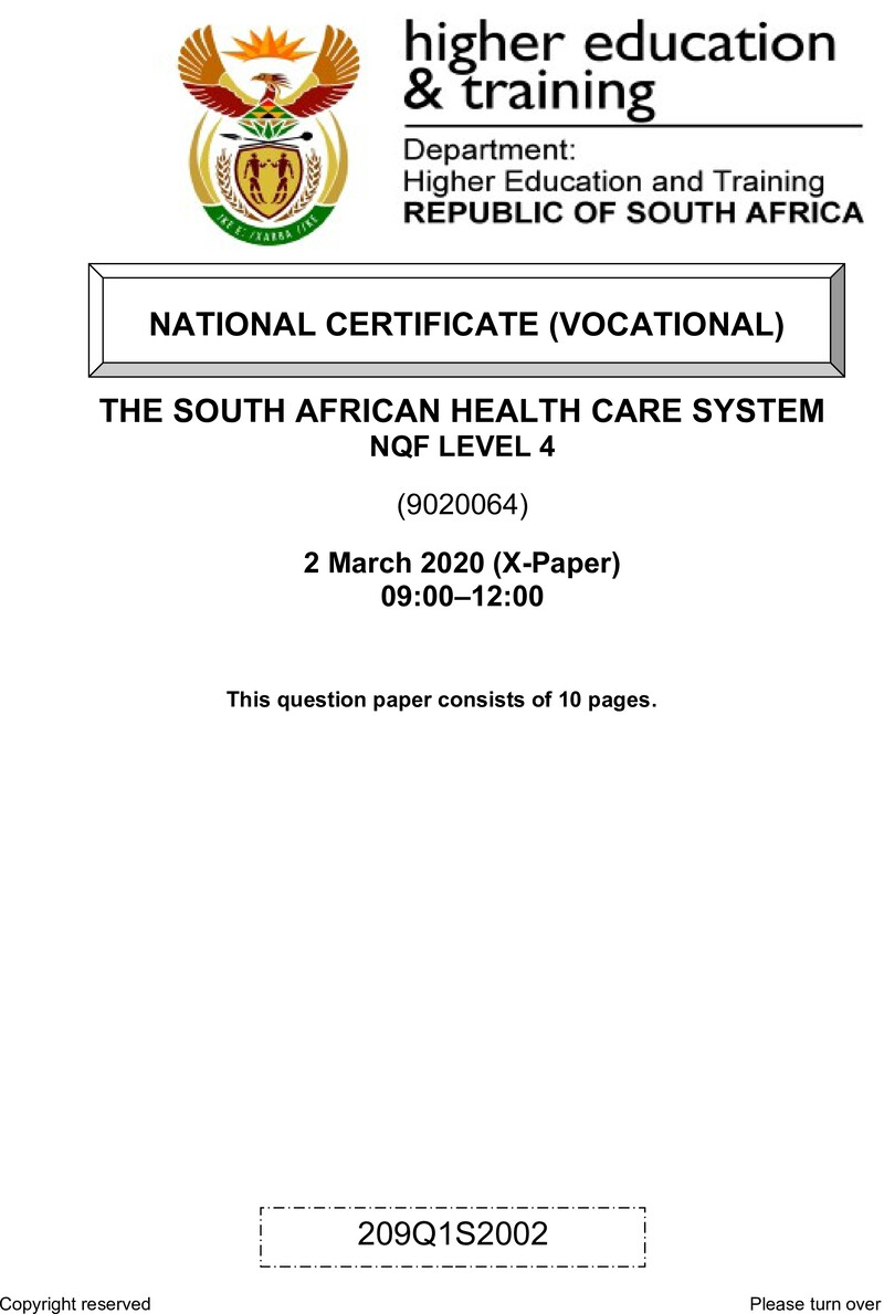 Health Care System Level 4 DHET NCV March 2020 Paper X - Question Paper