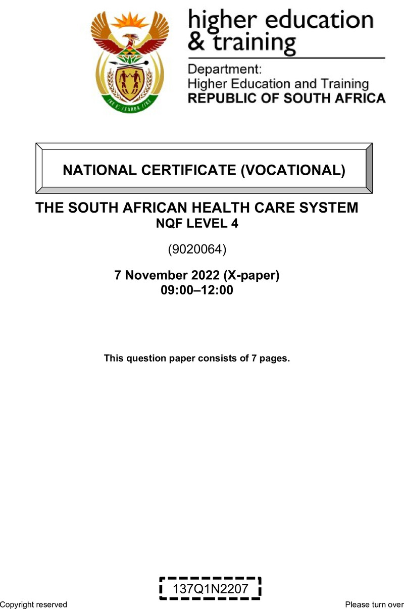 Health Care System Level 4 DHET NCV November 2022 Paper X - Question Paper