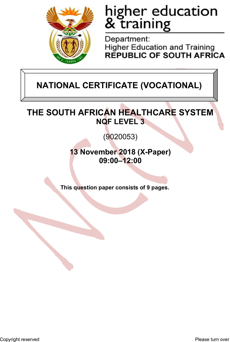 Health Care System Level 3 DHET NCV November 2018 Paper X - Question Paper