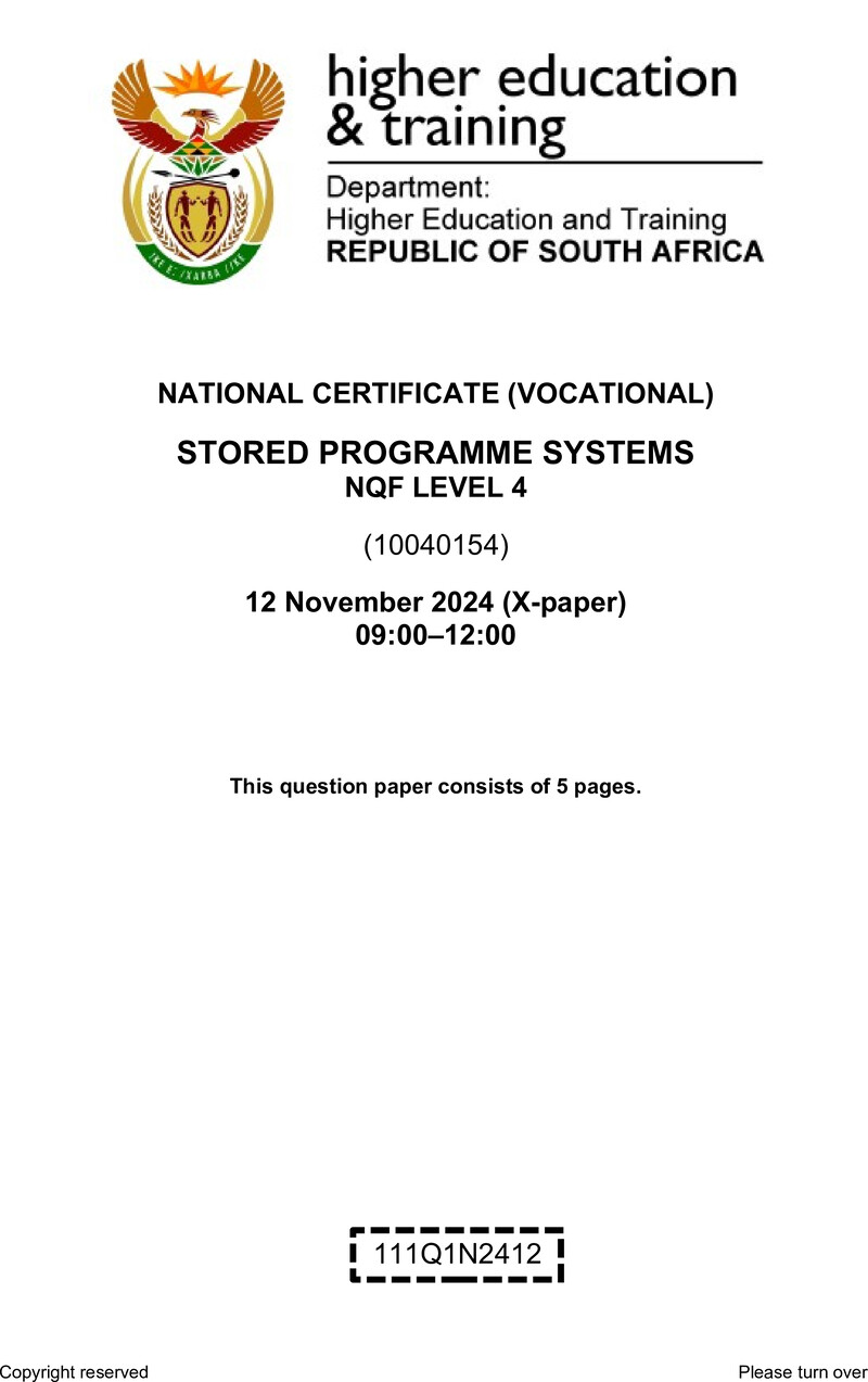 Stored Programme Systems Level 4 DHET NCV November 2024 Paper X - Question Paper