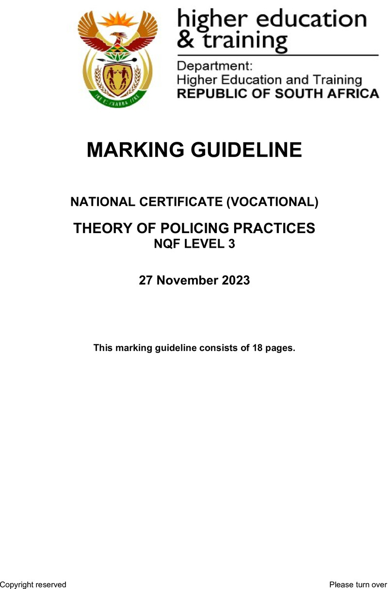 Theory of Policing Practices Level 3 DHET NCV 2023 - Memo