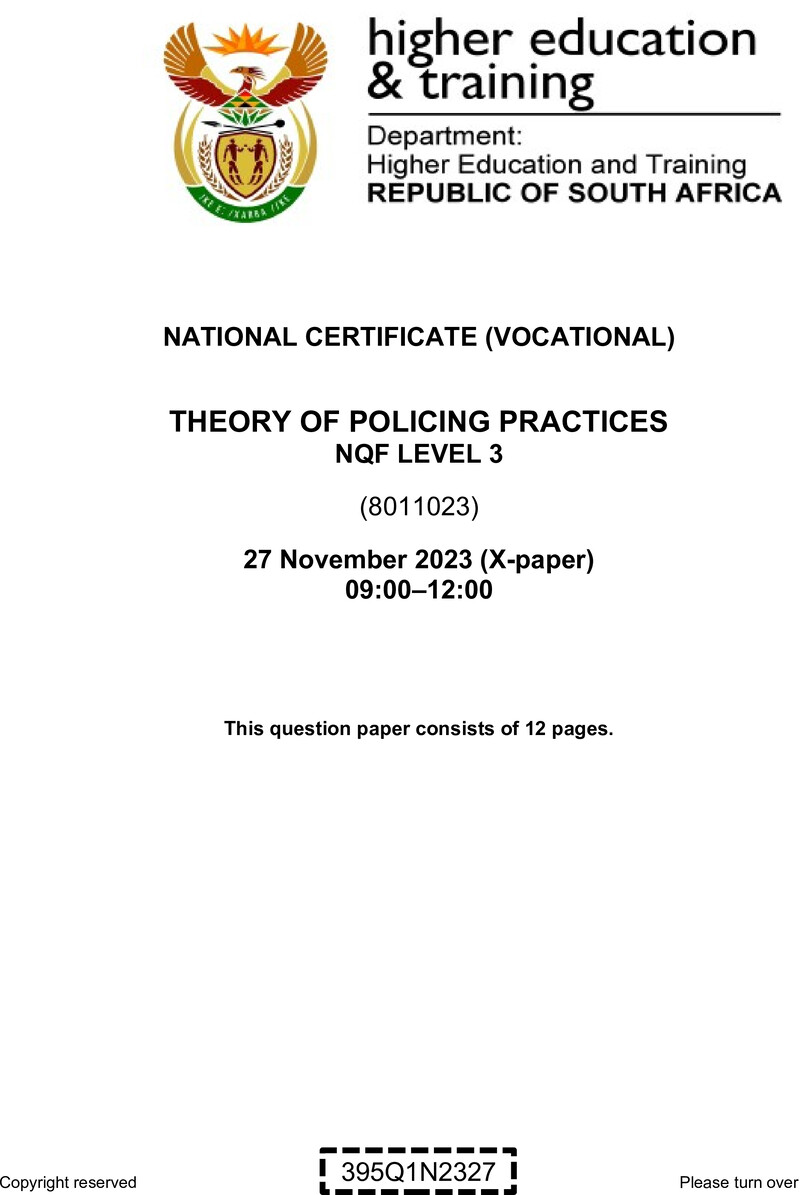Theory of Policing Practices Level 3 DHET NCV November 2023 Paper X - Question Paper