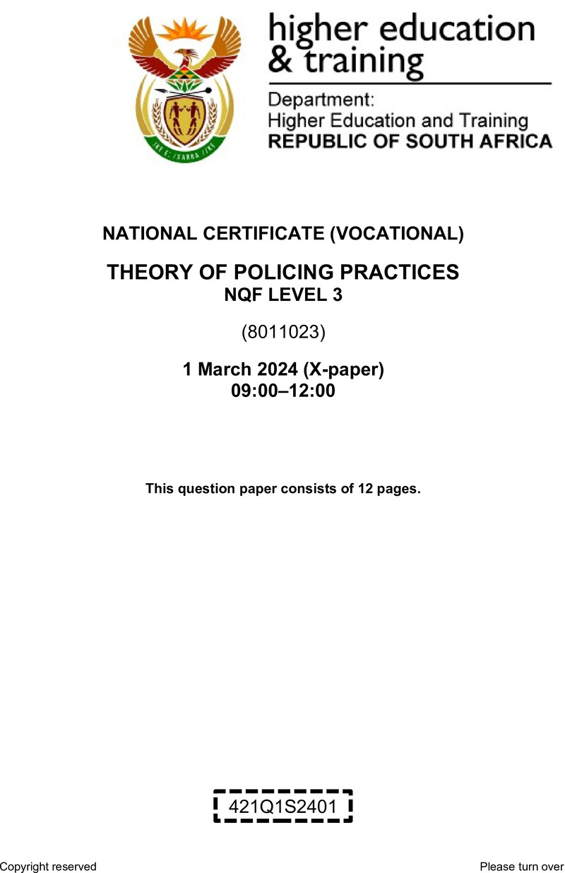 Theory of Policing Practices Level 3 DHET NCV March 2024 Paper X - Question Paper