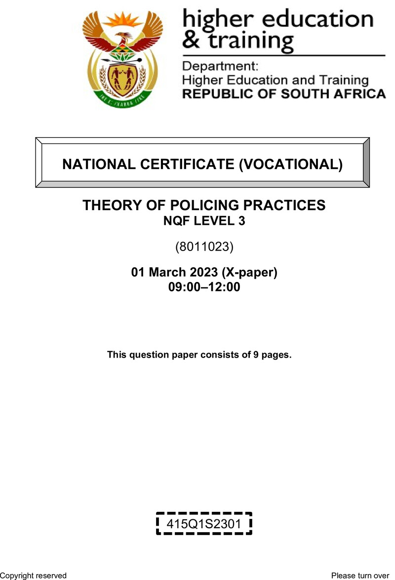 Theory of Policing Practices Level 3 DHET NCV March 2023 Paper X - Question Paper