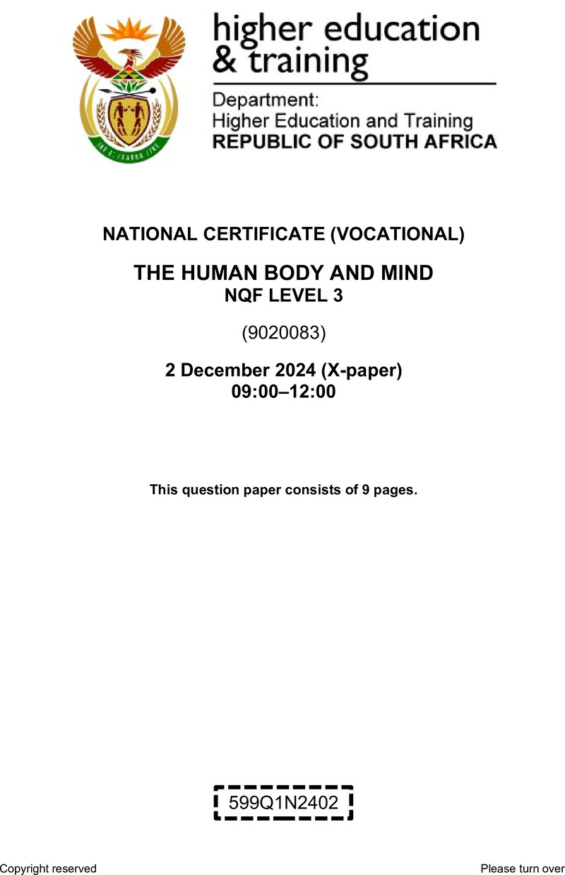 The Human Body and Mind Level 3 DHET NCV December 2024 Paper X - Question Paper