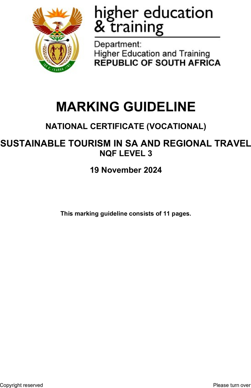 Sustainable Tourism in South Africa and Regional Travel Level 3 DHET NCV 2024 - Memo