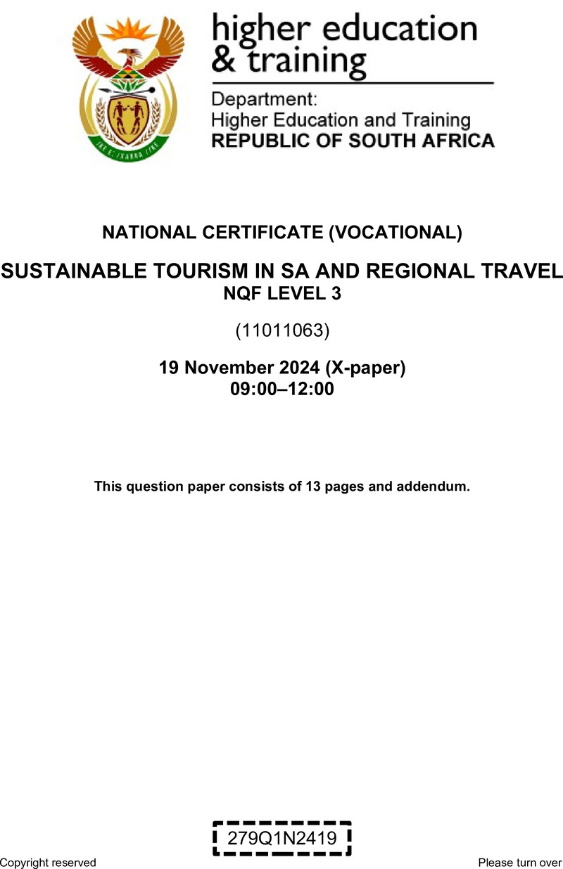 Sustainable Tourism in South Africa and Regional Travel Level 3 DHET NCV November 2024 Paper X - Question Paper