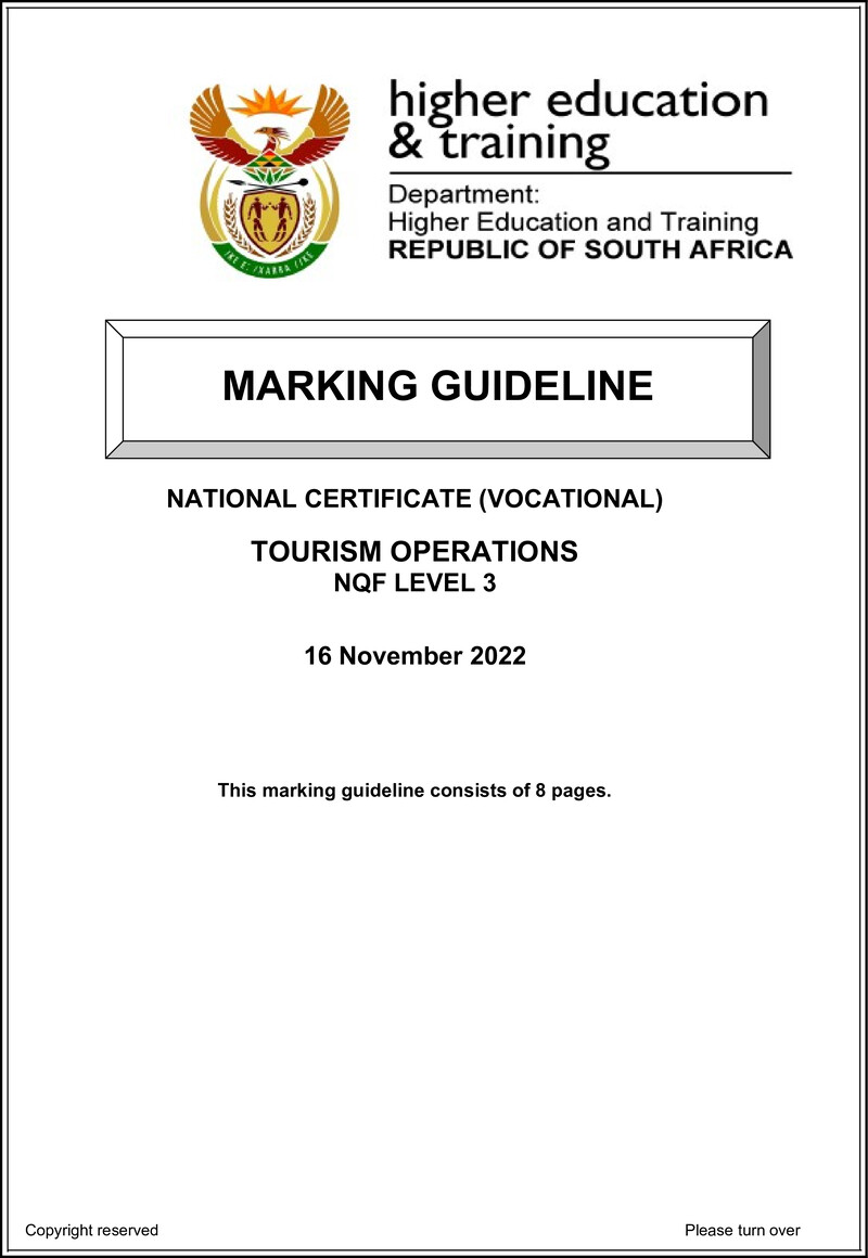 Tourism Operations Level 3 DHET NCV 2022 - Memo