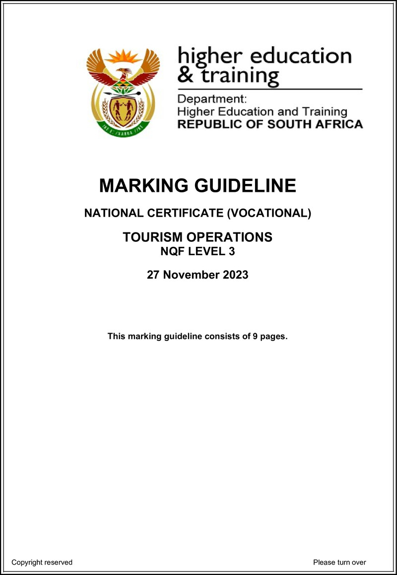 Tourism Operations Level 3 DHET NCV 2023 - Memo