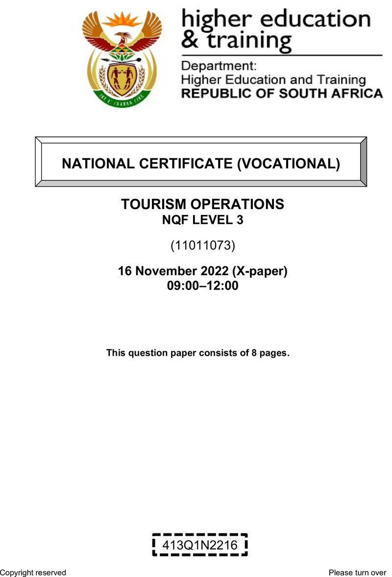 Tourism Operations Level 3 DHET NCV November 2022 Paper X - Question Paper