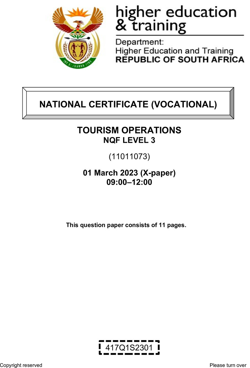Tourism Operations Level 3 DHET NCV March 2023 Paper X - Question Paper