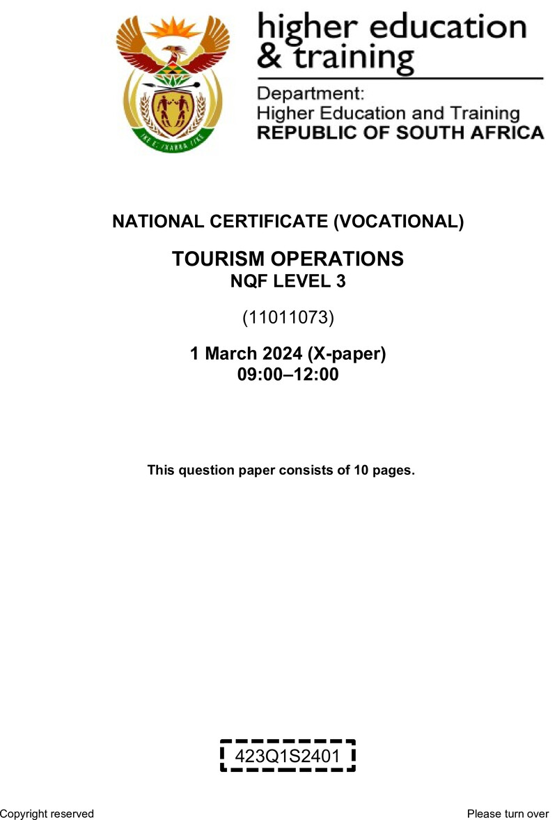 Tourism Operations Level 3 DHET NCV March 2024 Paper X - Question Paper