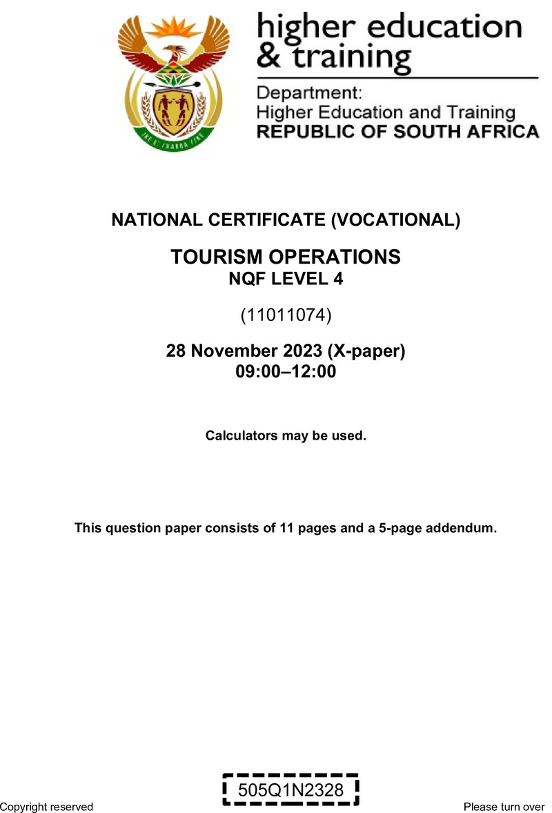 Tourism Operations Level 4 DHET NCV November 2023 Paper X - Question Paper