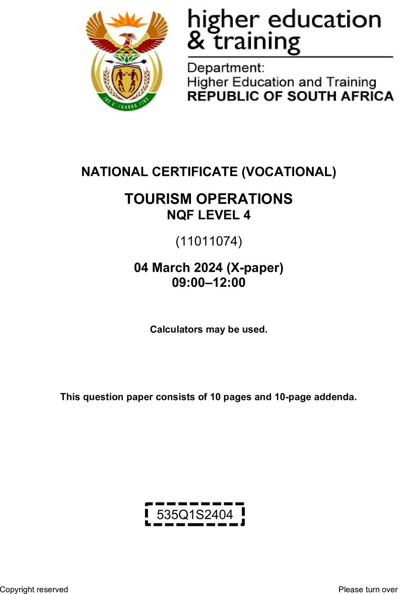 Tourism Operations Level 4 DHET NCV March 2024 Paper X - Question Paper