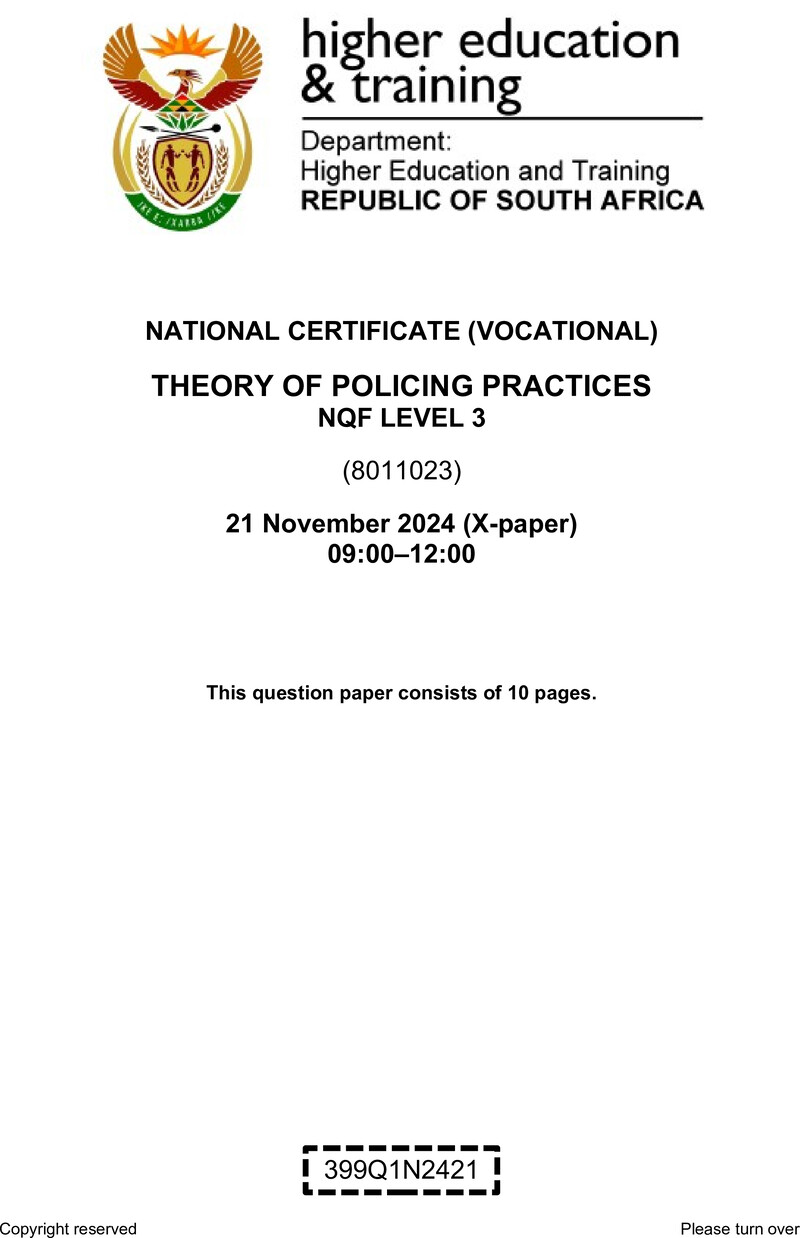 Theory of Policing Practices Level 3 DHET NCV November 2024 Paper X - Question Paper