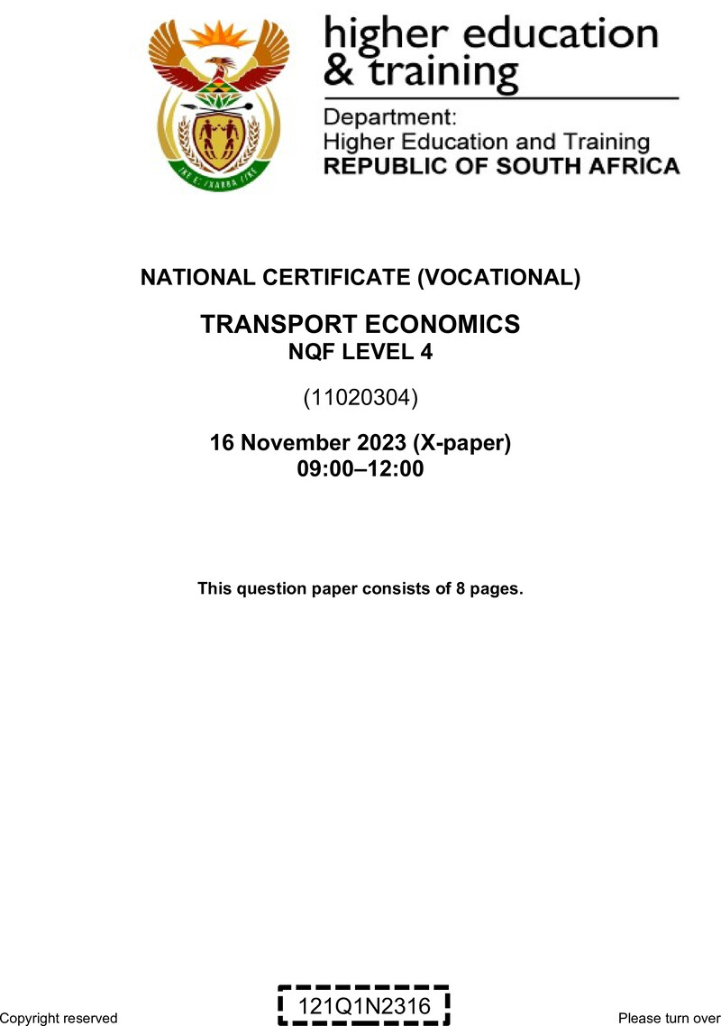 Transport Economics Level 4 DHET NCV November 2023 Paper X - Question Paper