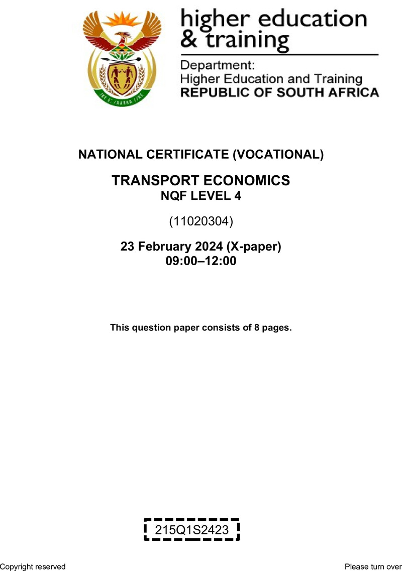 Transport Economics Level 4 DHET NCV February 2024 Paper X - Question Paper