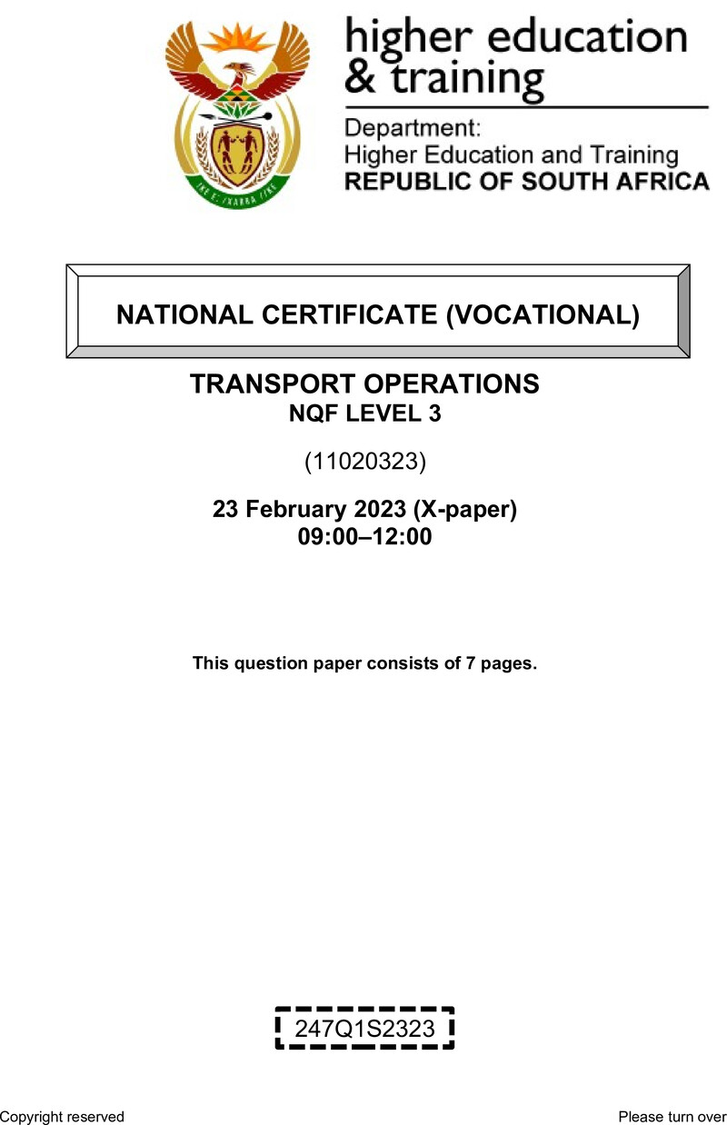 Transport Operations Level 3 DHET NCV February 2023 Paper X - Question Paper
