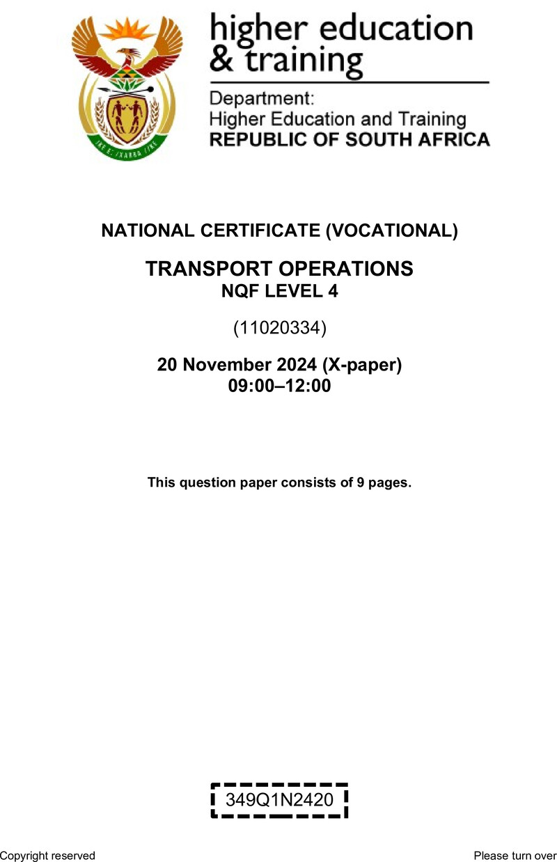 Transport Operations Level 4 DHET NCV November 2024 Paper X - Question Paper