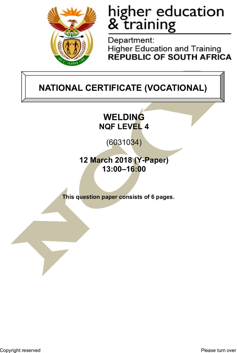 Welding Level 4 DHET NCV March 2018 Paper Y - Question Paper