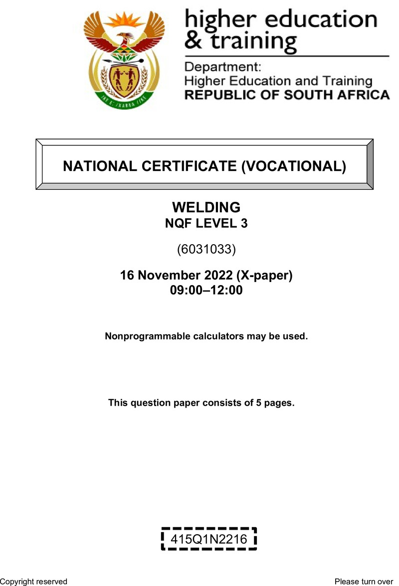 Welding Level 3 DHET NCV November 2022 Paper X - Question Paper