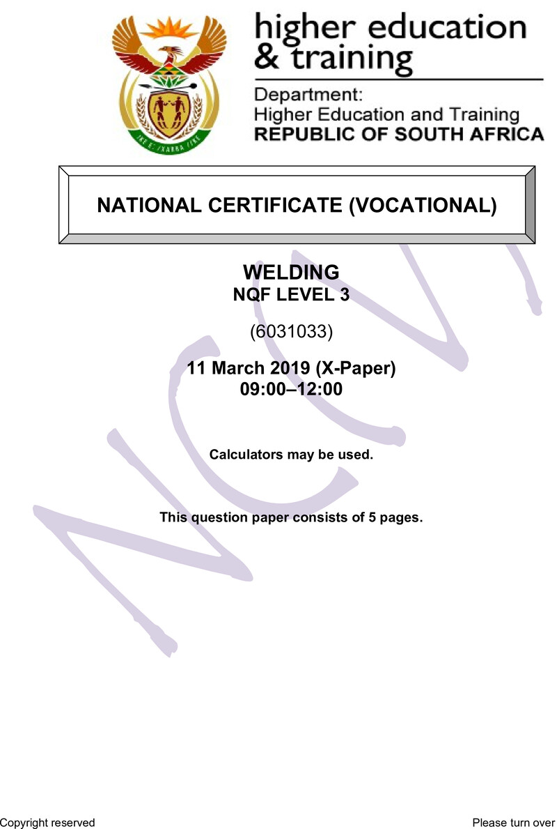 Welding Level 3 DHET NCV March 2019 Paper X - Question Paper