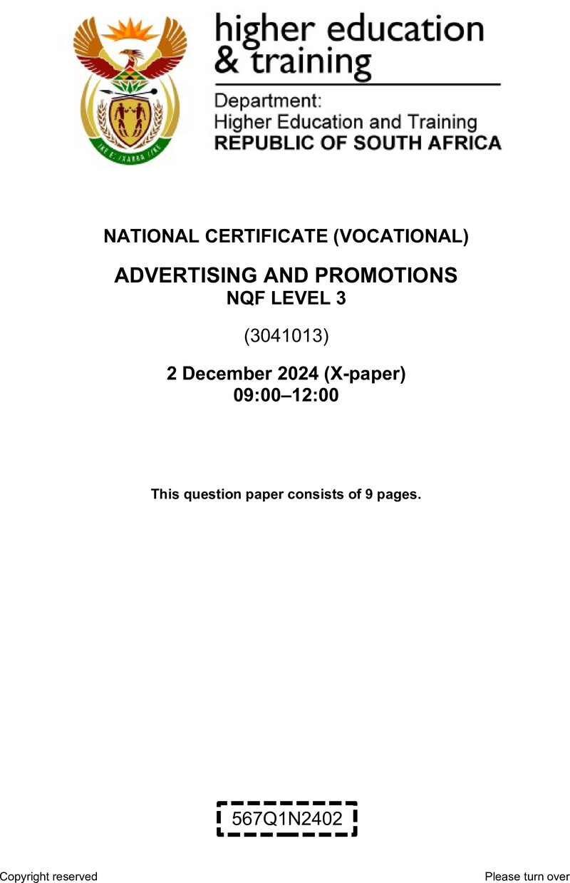 Advertising and Promotions Level 3 DHET NCV December 2024 Paper X - Question Paper