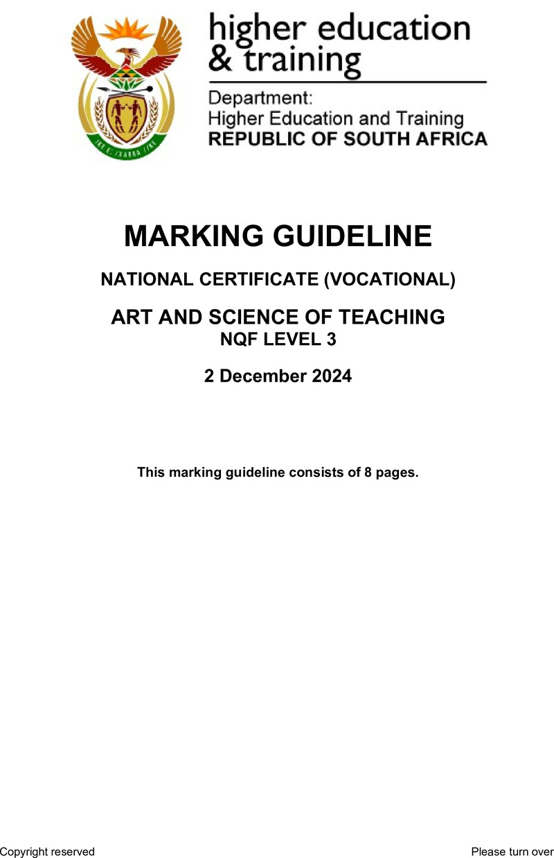 Art and Science of Teaching Level 3 DHET NCV December 2024 - Memo