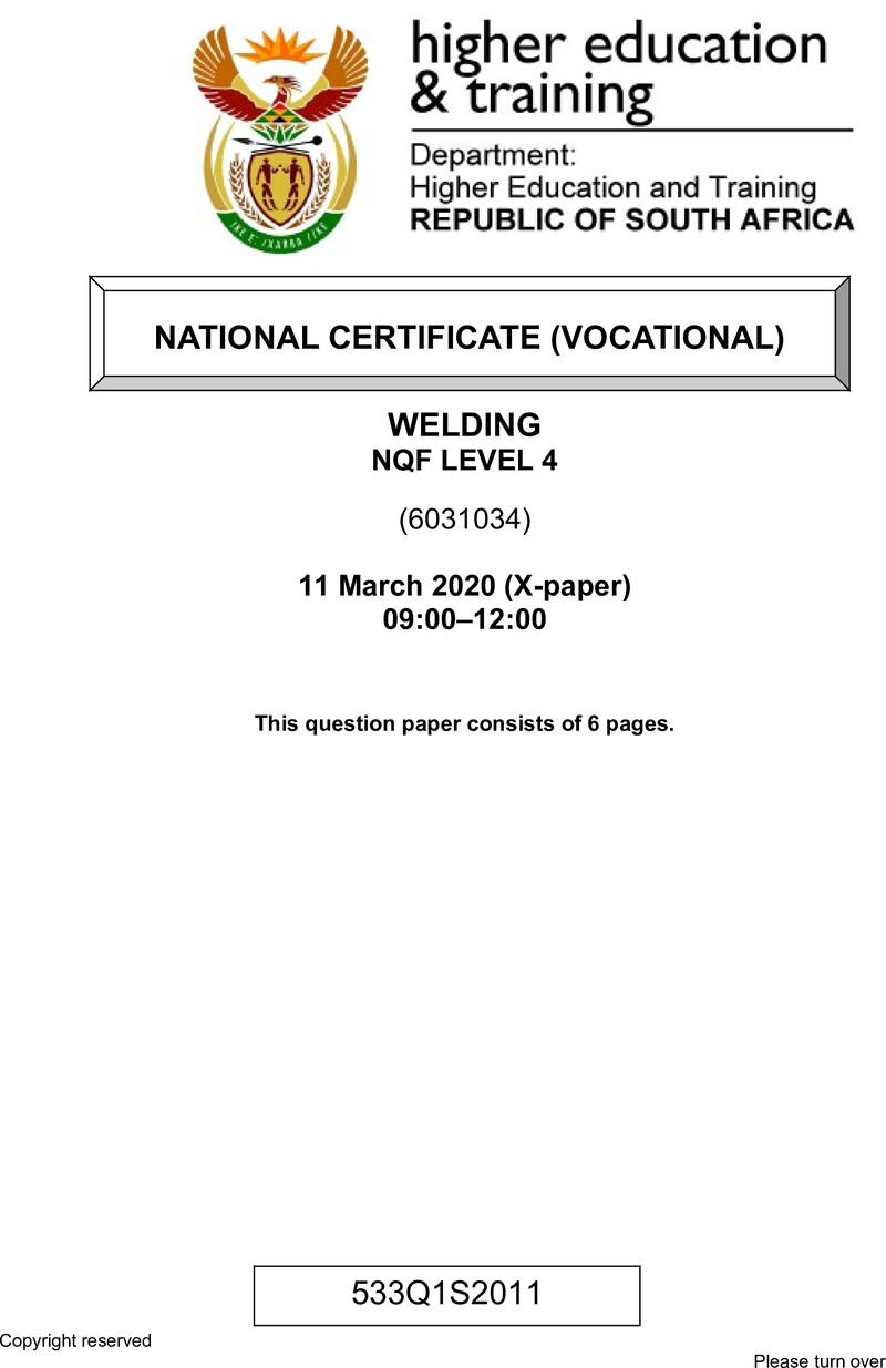 Welding Level 4 DHET NCV March 2020 Paper X - Question Paper