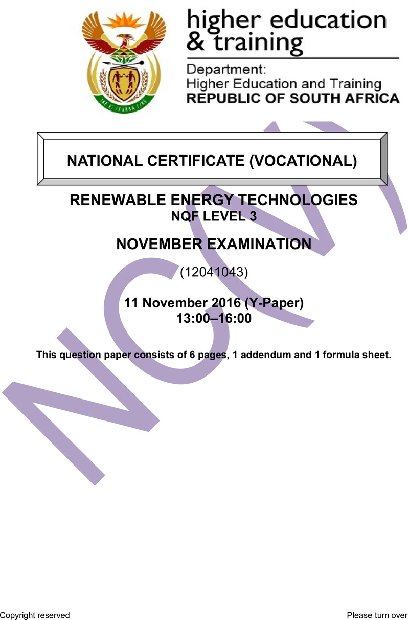 Renewable Energy Technologies Level 3 DHET NCV November 2016 Paper Y - Question Paper