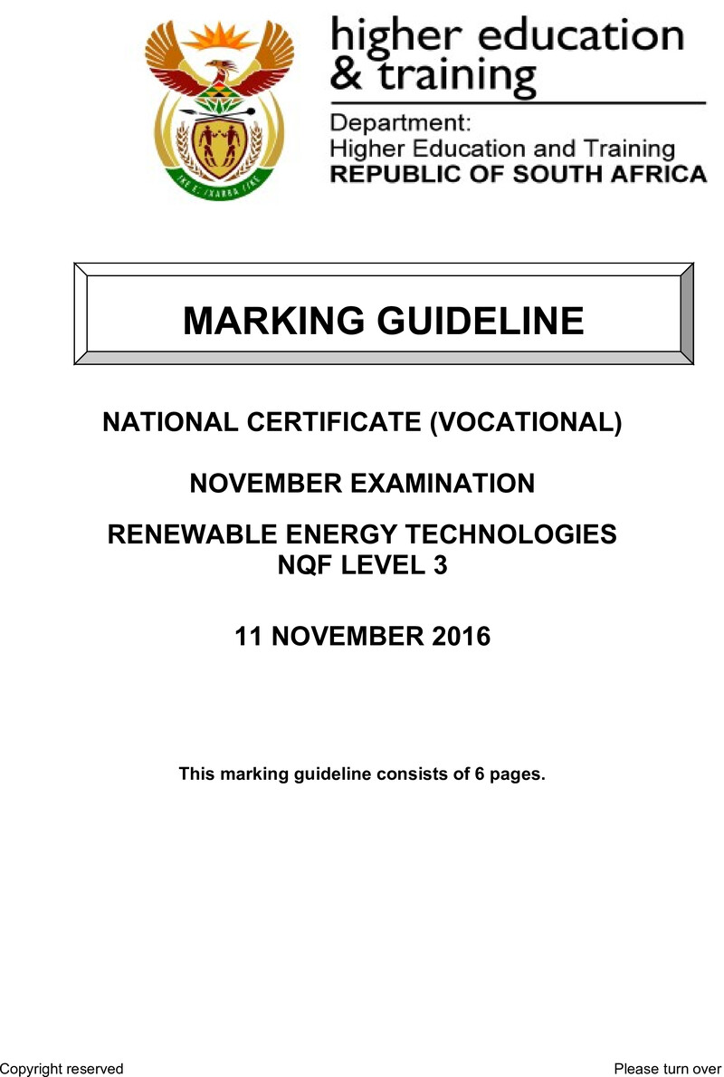 Renewable Energy Technologies Level 3 DHET NCV November 2016 - Memo