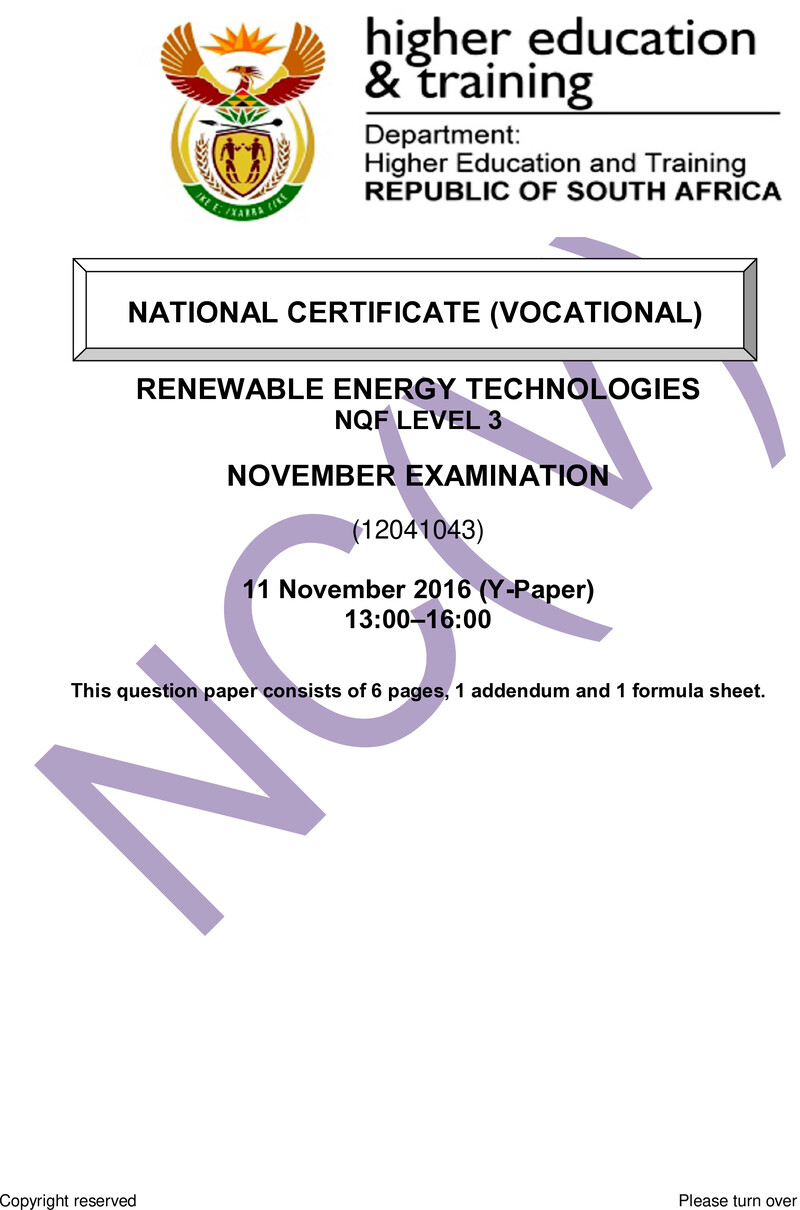 Renewable Energy Technologies Level 3 DHET NCV November 2016 Paper Y - Question Paper