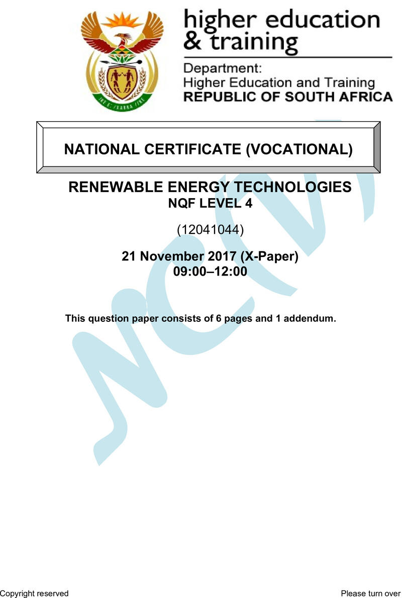 Renewable Energy Technologies Level 4 DHET NCV November 2017 Paper X - Question Paper