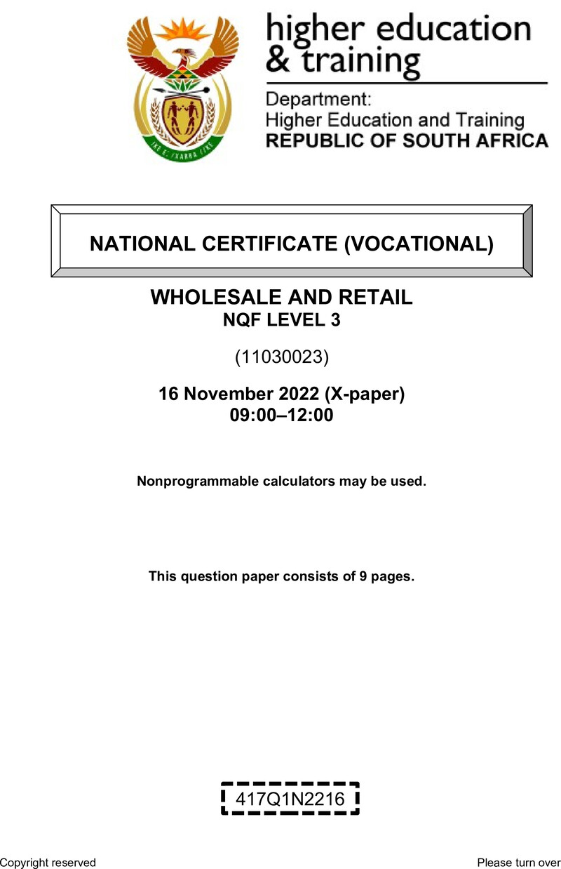 Wholesale and Retail Level 3 DHET NCV November 2022 Paper X - Question Paper