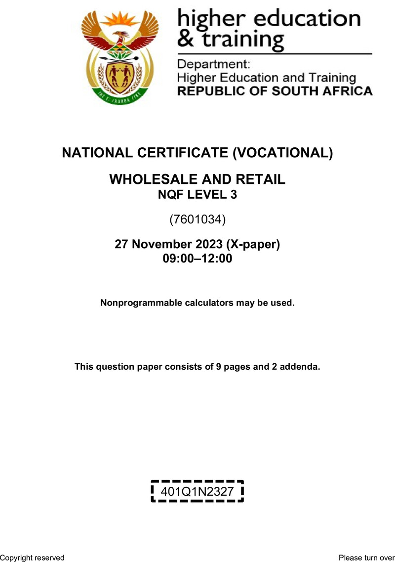 Wholesale and Retail Level 3 DHET NCV November 2023 Paper X - Question Paper
