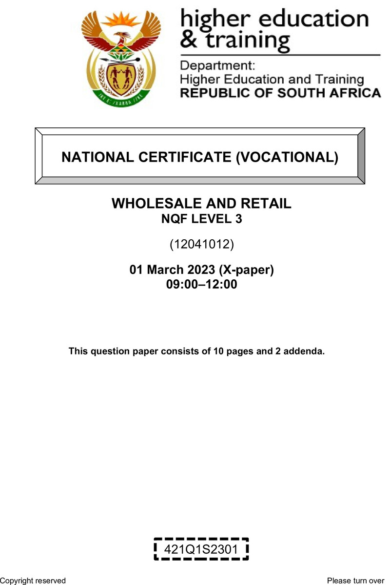 Wholesale and Retail Level 3 DHET NCV March 2023 Paper X - Question Paper