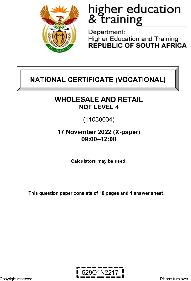 Wholesale and Retail Level 4 DHET NCV November 2022 Paper X - Question Paper